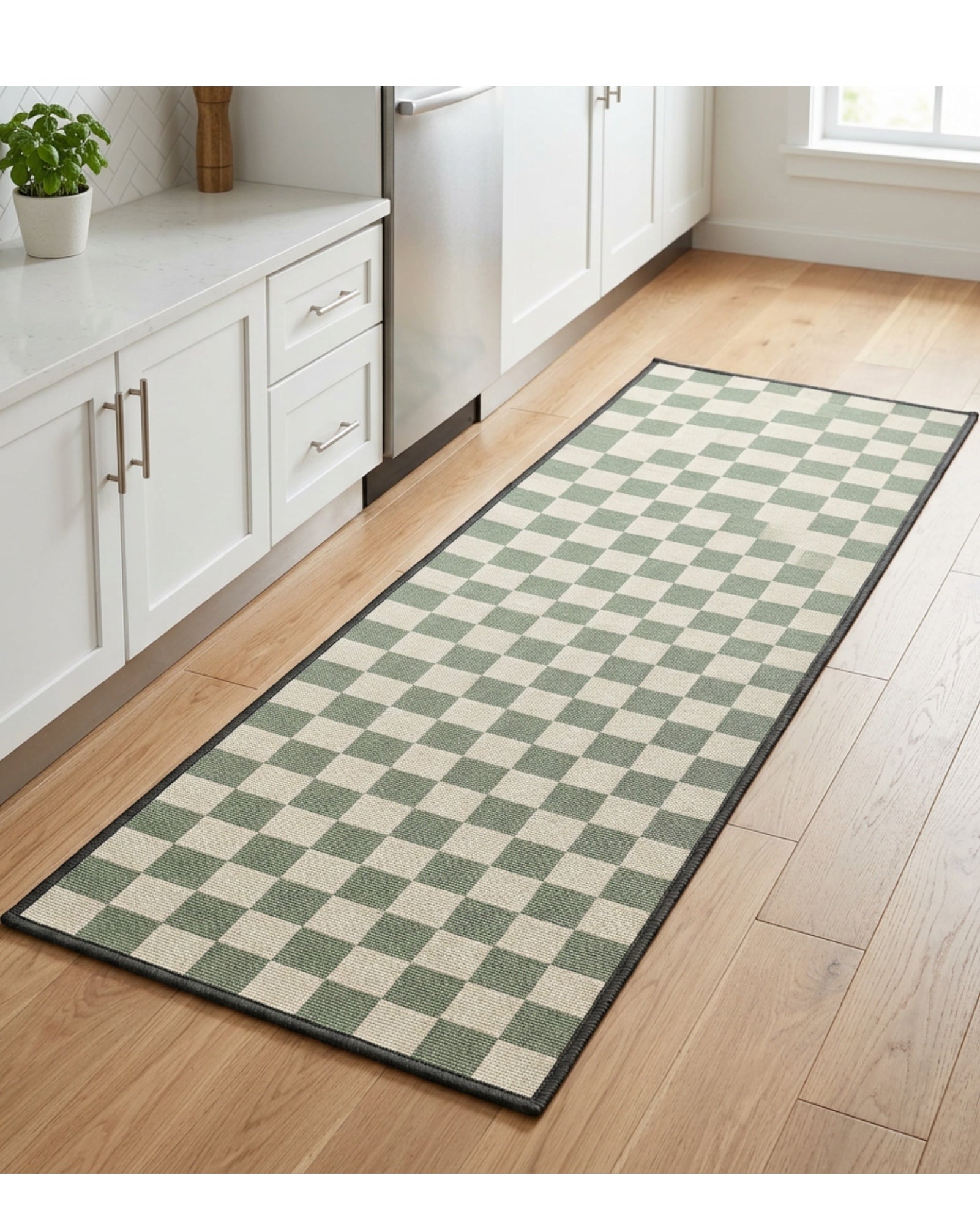 Roomg Low-Pile Kitchen Runner Mat 50 x 150 cm Sage Cream Checker - Lifestyle view