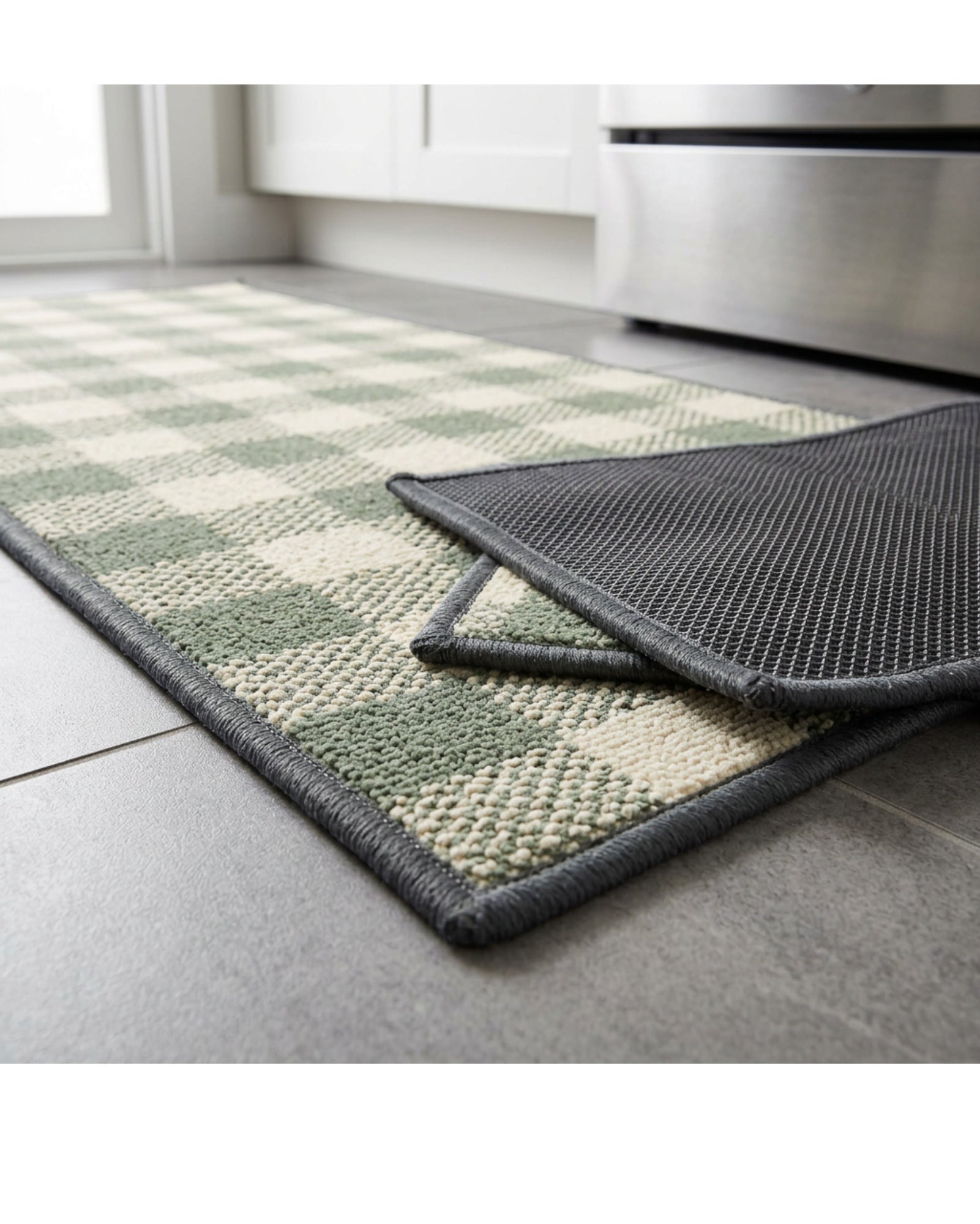 Roomg Low-Pile Kitchen Runner Mat 50 x 150 cm Sage Cream Checker - Detail view